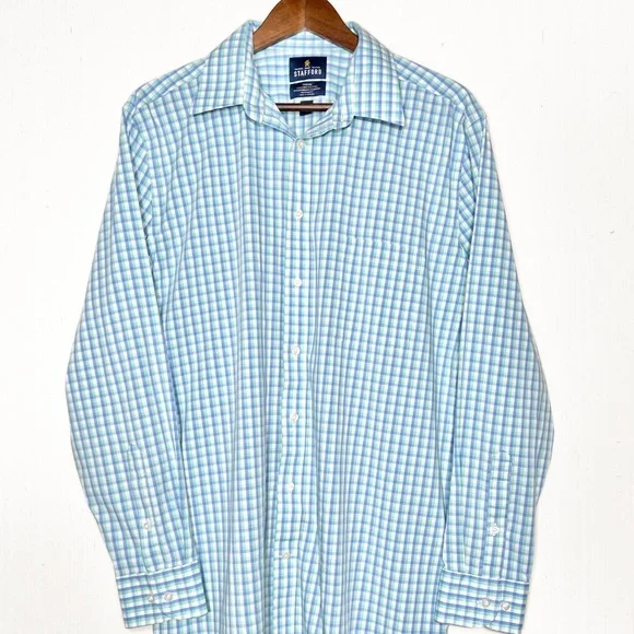 Stafford Mens Aqua Blue White Gingham Plaid Long Sleeve No Iron Buttondown Shirt - Picture 4 of 7